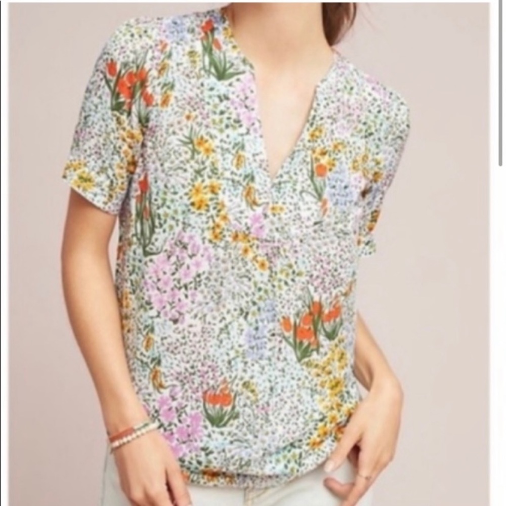 Anthropologie Floral Short Sleeve Top - Multicolor